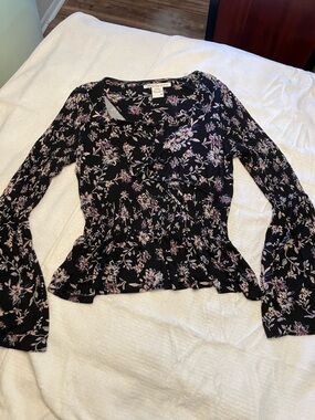 American Rag Black Floral Smocked Peplum Long Sleeve Top